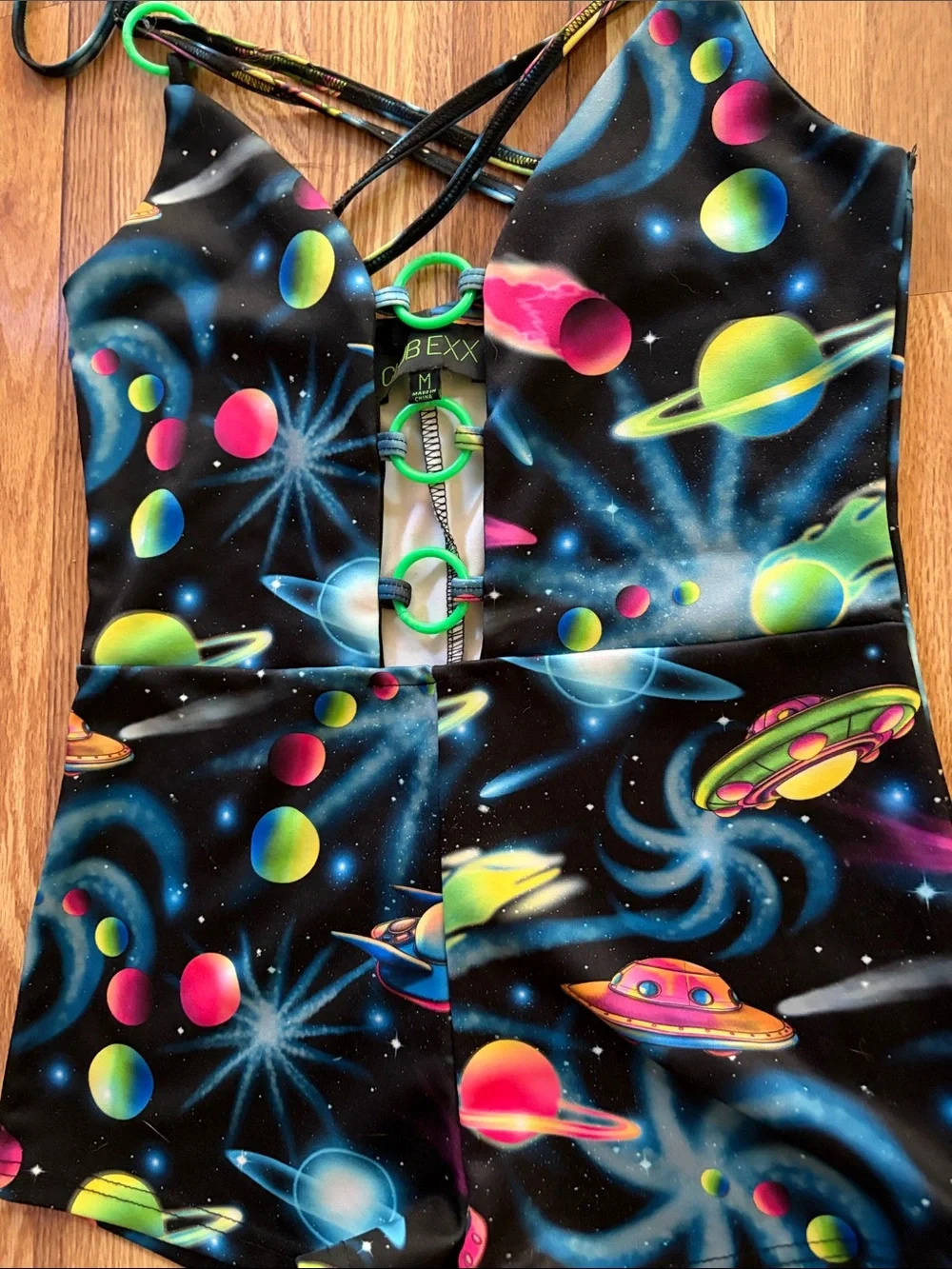 CLUB EXX ✨Dolls Kill RAVER Space-babe Black and neon Romper Shorts. NWOT - Picture 2 of 9